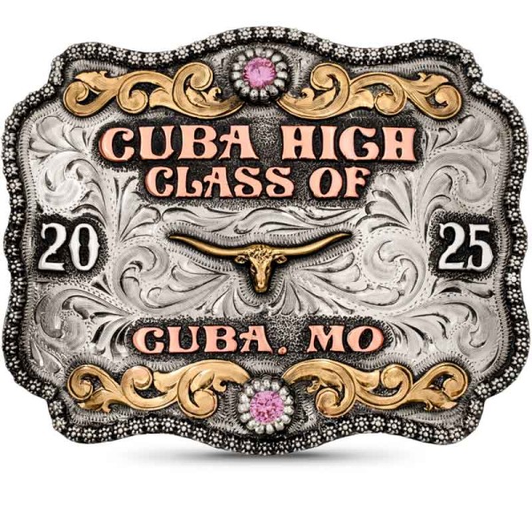 A custom graduation belt buckle for Judson High School Class of Converse, Texas featuring stock show animals figure